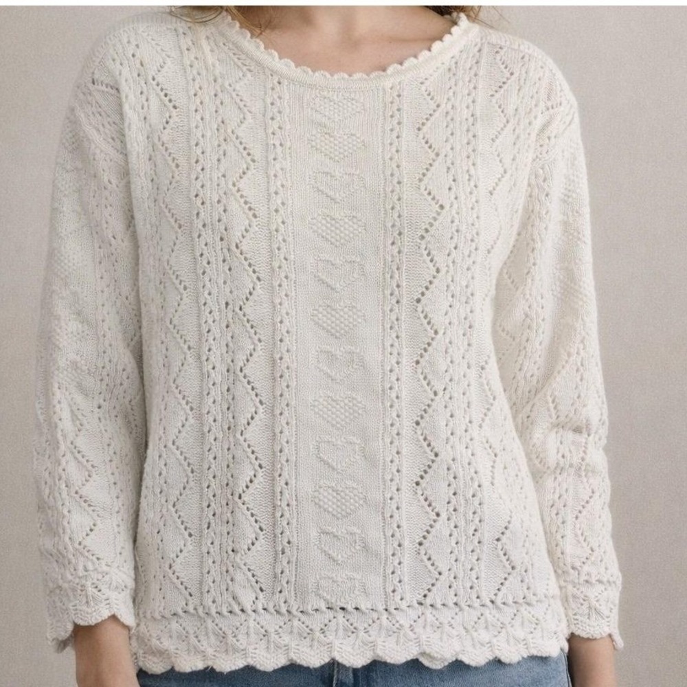 Paris Sport Club Vintage Heart Pointelle Knit Scalloped Sweater Cream‎ Womens M
